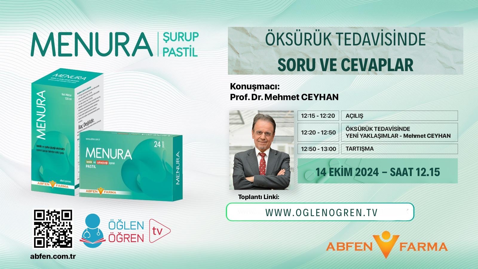 14.10.2024 tarihinde Öksürük Tedavisinde Soru ve Cevaplar başlıklı programımız Öğlen Öğren TV ekranlarından canlı yayınlanacaktır