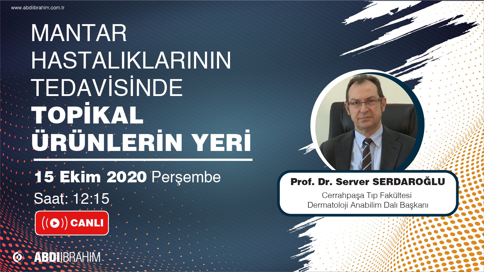 15.10.2020 tarihinde Mantar Hastalıklarının Tedavisinde Topikal Ürünlerin Yeri başlıklı programımız Öğlen Öğren TV ekranlarından canlı yayınlanacaktır